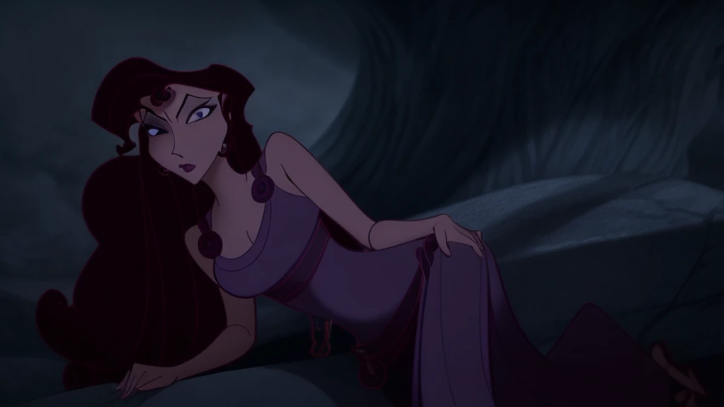 (1girl:1.2) brunette Megara wearing purple dress, bound and gagged with Hades' gray chains of smoke, kneeling forward in the fetal position, face focus, beautiful portrait, detailed face expression, best quality, official art, disney animation style, best quality, digital art, 2D
