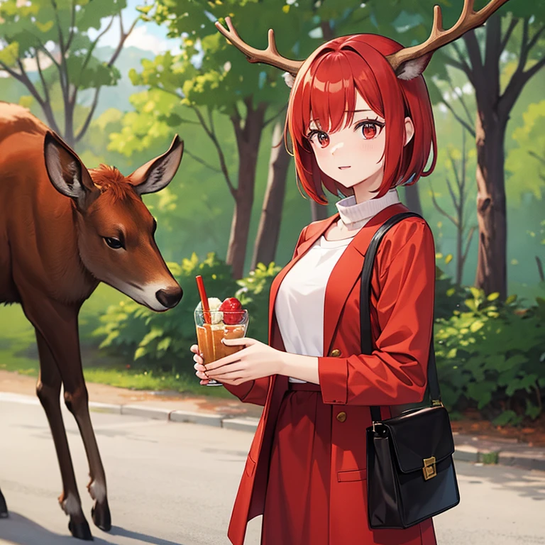 Woman, short red hair, red clothes, deer horns