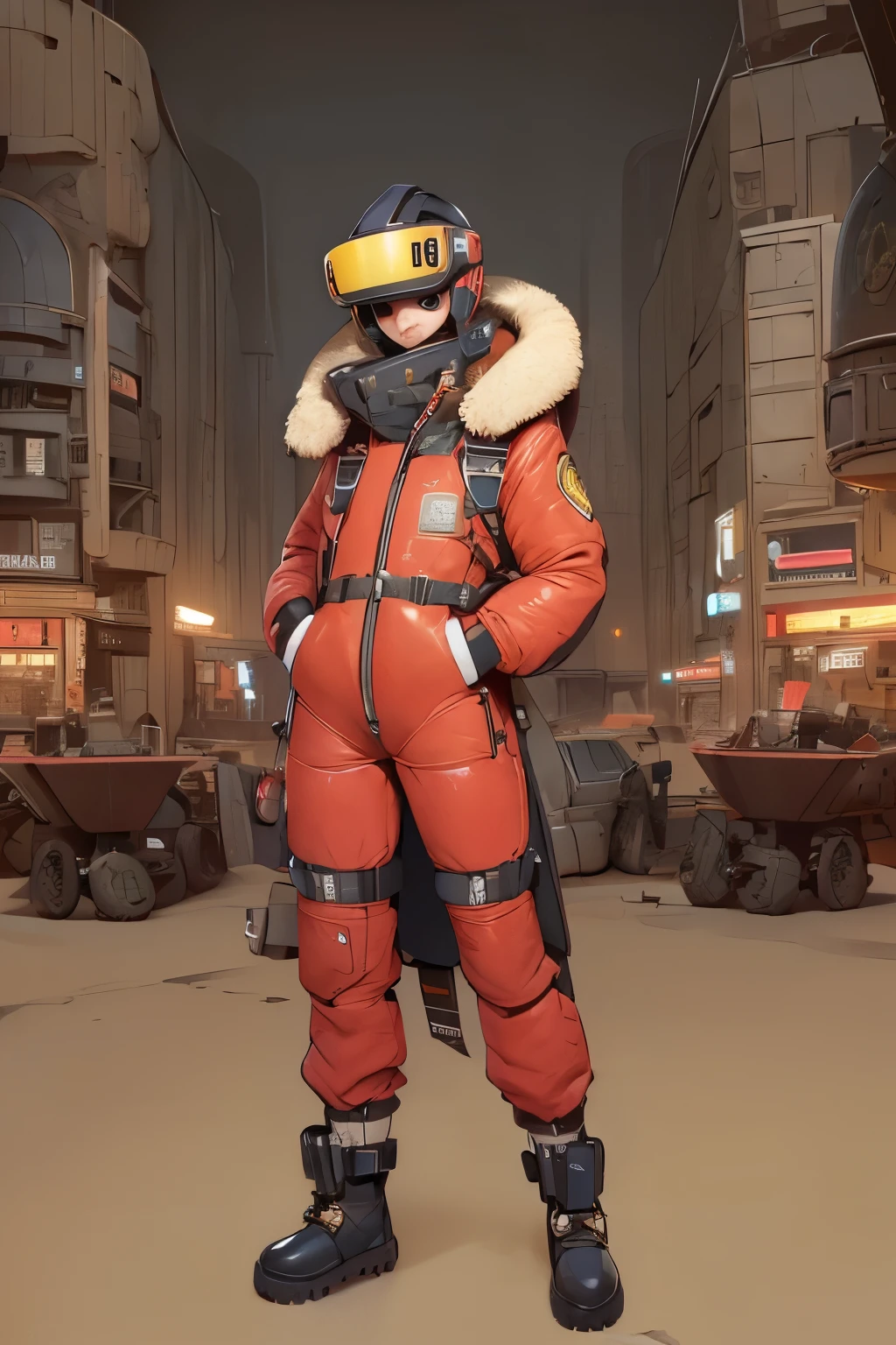 full body image, (ultra detailed,ultra high res,detailed background),((2D)),((flat color)),((muted color)), 1solo, looking at viewer, baggy red flight suit, large shearling collared bomber jacket, (big yellow galoshes), plush collar, full body image, wearing vr goggles, ((baron desert intricut background)), ((apocalyptic city)), entire body in frame, ((drone next to her))