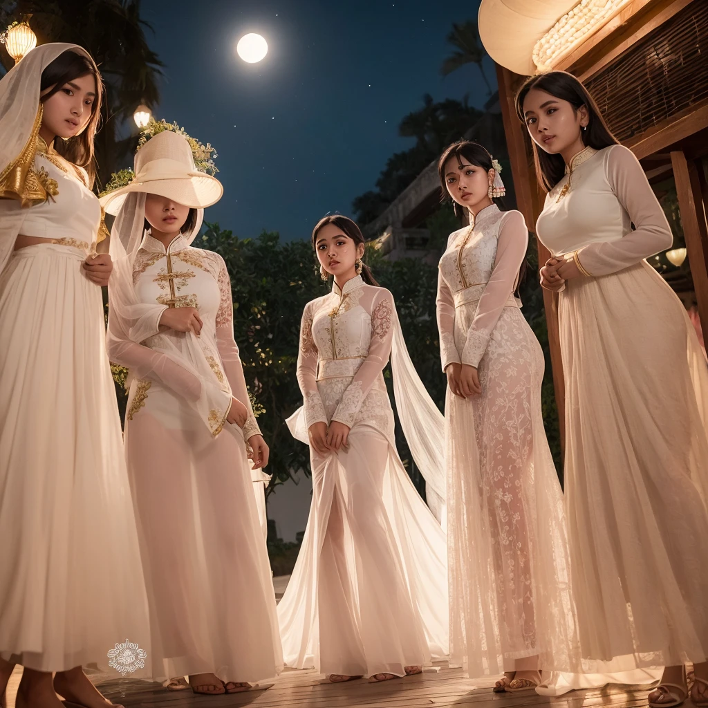 A group of young indian women with admirable beautiful faces, wearing tight short vietnamese ao dai,skirts,Gauze material,Light transmission, lots of clothing details, reflect moonlight, at night, by the sea, One of the character's feet is raised,pose,night,Moonlight shines through clothes,high-definition, detailed lighting and shadows, high-definition photography, Big deep cleavage sexy navel, by the water, The whole body is wet, wet hair,Sticking out tongue,Slobber,Obscene expressions,licking, full-body portrait shot