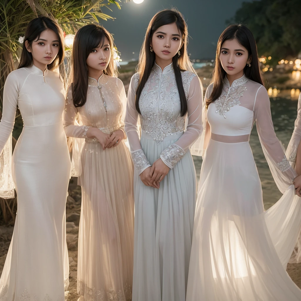 A group of young indian women with admirable beautiful faces, wearing tight short vietnamese ao dai，skirts,Gauze material，Light transmission， lots of clothing details, reflect moonlight, at night, by the sea, One of the character&#39;s feet is raised，pose，night，Moonlight shines through clothes，high-definition, detailed lighting and shadows, high-definition photography, Big deep cleavage sexy navel, by the water, The whole body is wet， wet hair，Sticking out tongue，Slobber，Obscene expressions，licking, full-body portrait shot