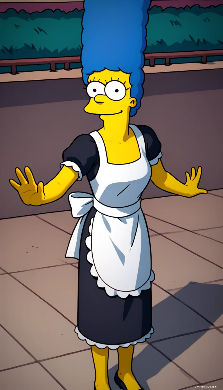 (((marges, blue hair, 1girl, solo, alone, colored skin, yellow skin))), zPDXL flat color, looking at viewer, smile,

     black maid dress, white apron, short sleeves        ,

sexy pose, dynamic pose, dynamic angle, cowboy shot,

indoor, luxury mansion,