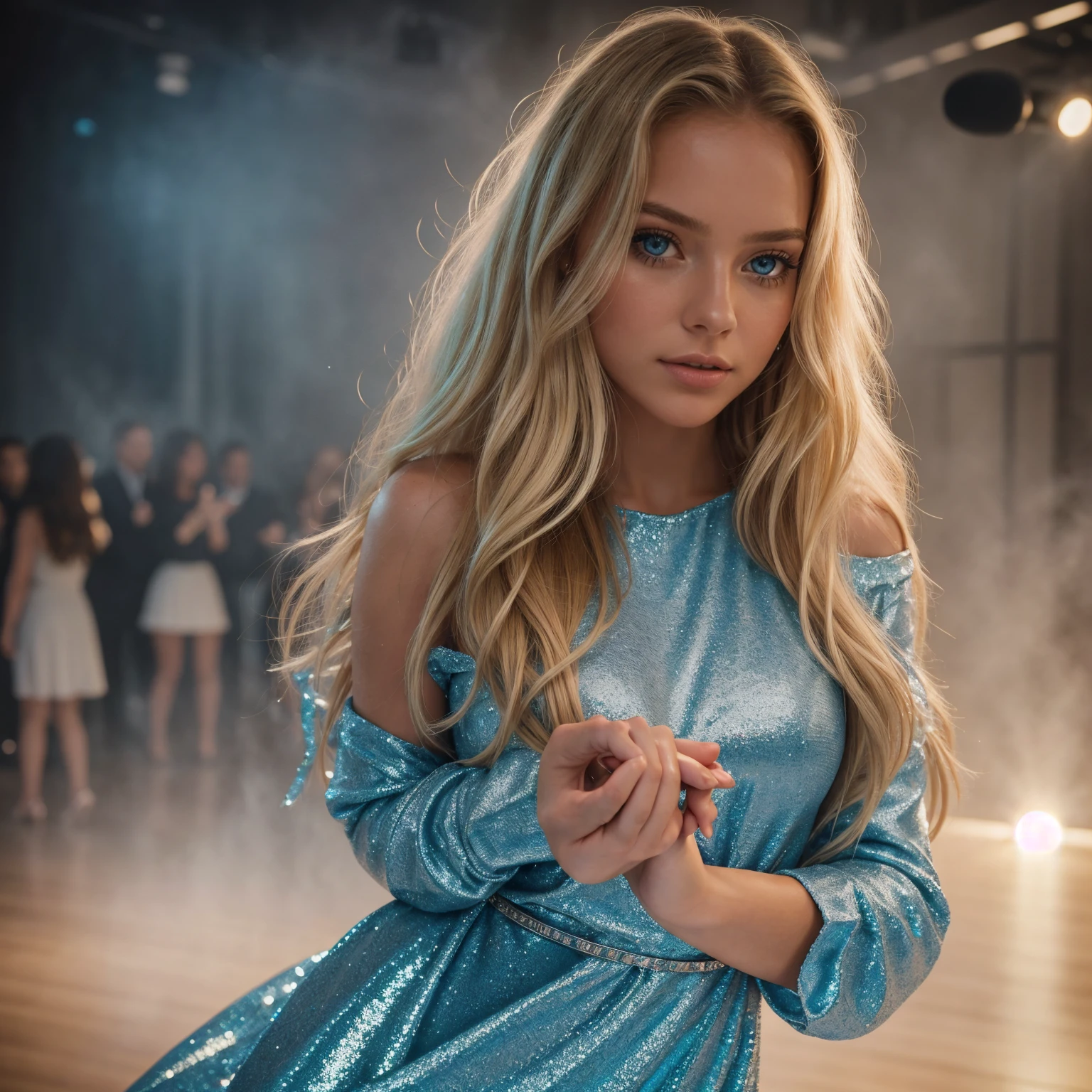 professional portrait photograph of a gorgeous 18 year,Norwegian girl Lise Olsen in club with long wavy blonde hair,blue eye,sultry flirty look, gorgeous symmetrical face, cute natural makeup, wearing shimmering, stylish dress, ((microphone in hand)), dance floor is packed with people environment, ultra realistic, concept art, elegant, highly detailed, intricate, sharp focus, depth of field, f/1. 8, 85mm, medium shot, mid shot, (((professionally color graded))), bright soft diffused light, (volumetric fog), trending on instagram, hdr 4k, 8k