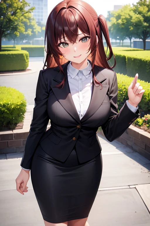 1girl, woman, business woman, business suit, blouse, tight pencil skirt black, medium length skirt, long brown hair, looking at viewer, full body, garden, smile, blush