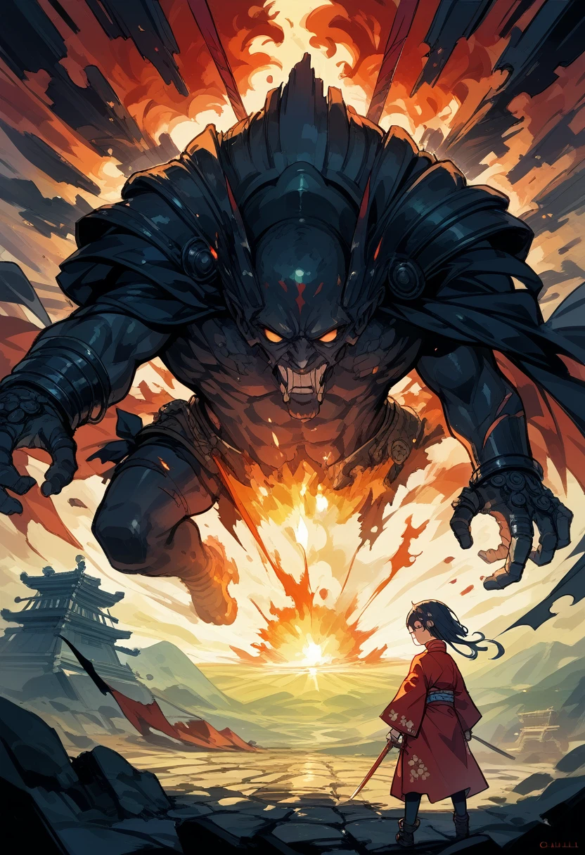 dramatic duel between 2girls, set in a battlefield during the Warring States period of Japan, illuminated by the setting sun, with a sense of intensity and determination emanating from the characters, fierce expression, flash of steel, calm and focused expression, war-torn landscape, with burning buildings and fallen warriors in the distance, tense and dramatic, with a sense of fate hanging in the balance,