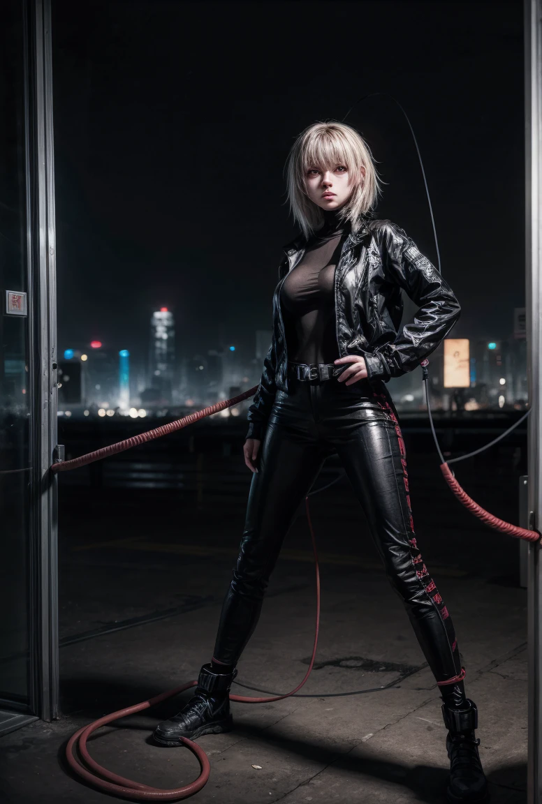 Techwear, girl, cyberpunk, dark background , ready to fight , fight pose , surronded by many broken machine , she entagle by cable and wire