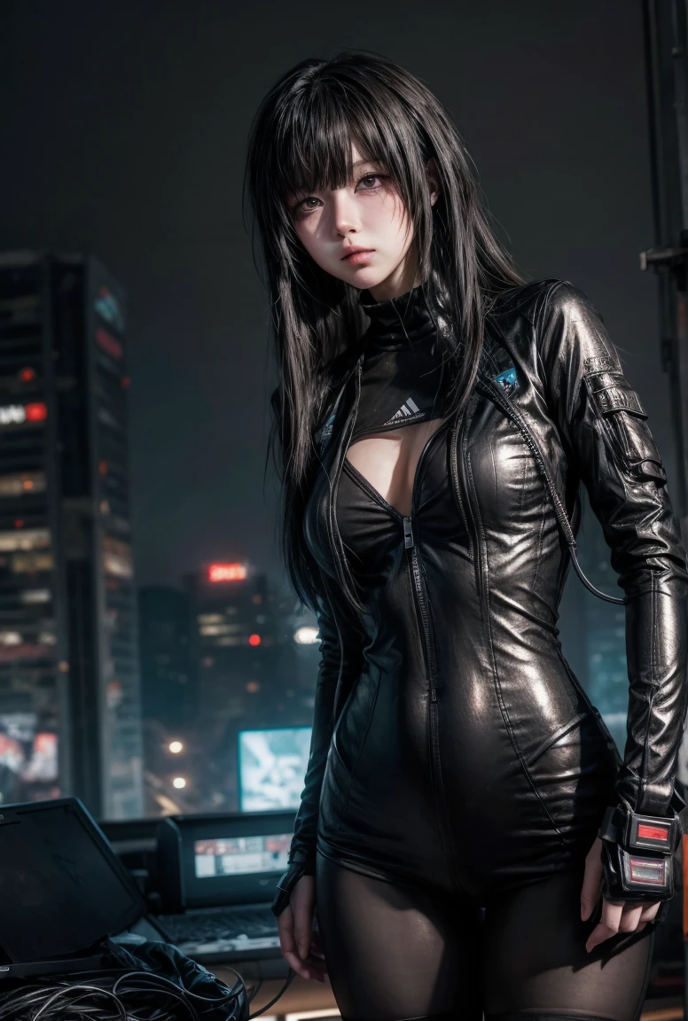 Techwear, girl, cyberpunk, dark background , ready to fight , fight pose , surronded by many broken machine , she entagle by cable and wire