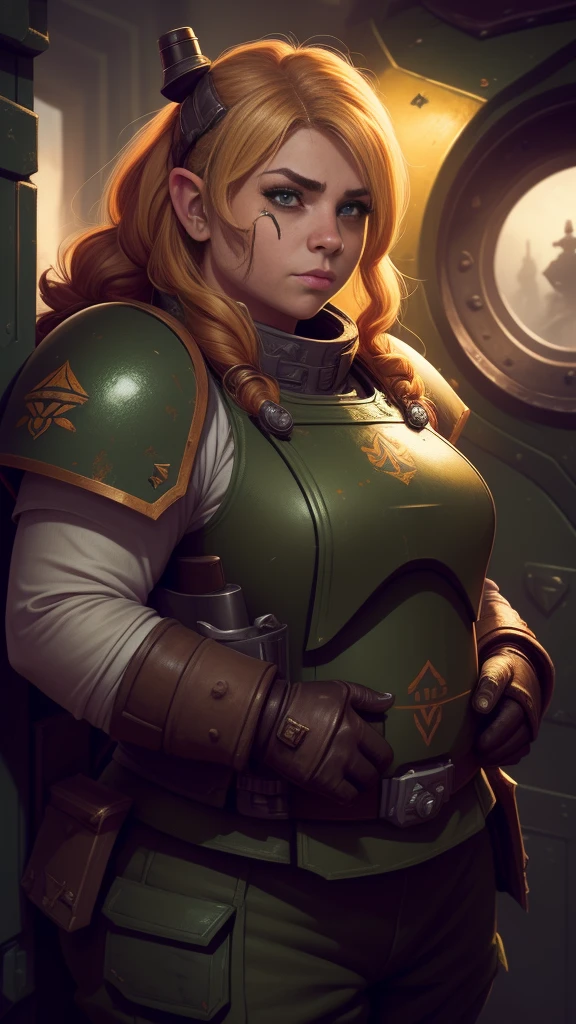 (high-angle shot), warhammer 40k imperial guardsman, ((female dwarf)). blonde hair, bare hand, hobbit, hafling, pants, (green bulletproof vest), ((large nose)), large expressive eyes, ((in a rusty spaceship)), chubby face, (eye black), black paint under eyes, dirty, holding food