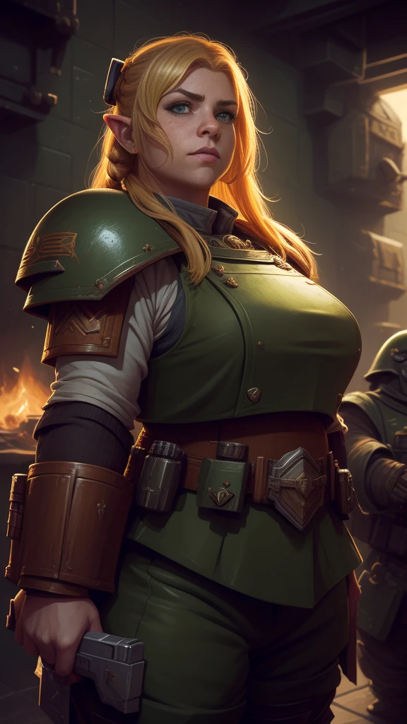 (high-angle shot), warhammer 40k imperial guardsman, ((female dwarf)). blonde hair, bare hand, hobbit, hafling, pants, (green bulletproof vest), ((large nose)), large expressive eyes, ((in a rusty spaceship)), chubby face, (eye black), black paint under eyes, dirty, holding food