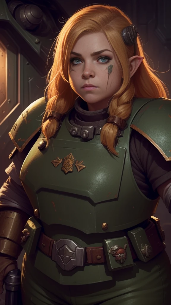 (high-angle shot), warhammer 40k imperial guardsman, ((female dwarf)). blonde hair, bare hand, hobbit, hafling, pants, (green bulletproof vest), ((large nose)), large expressive eyes, ((in a rusty spaceship)), chubby face, (eye black), black paint under eyes, dirty, holding food
