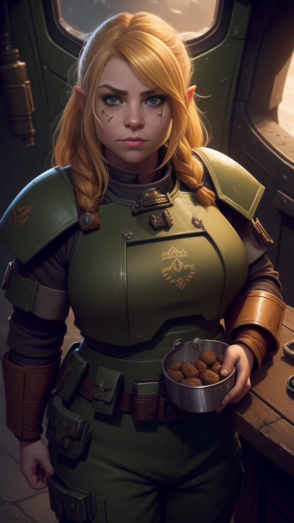 (high-angle shot), warhammer 40k imperial guardsman, ((female dwarf)). blonde hair, bare hand, hobbit, hafling, pants, (green bulletproof vest), ((large nose)), large expressive eyes, ((in a rusty spaceship)), chubby face, (eye black), black paint under eyes, dirty, holding food