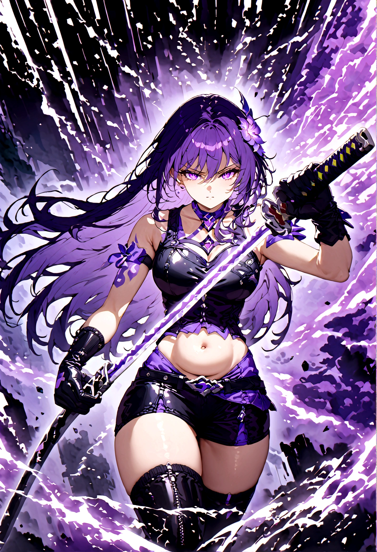 Anime girl with very long dark purple hair and a flower hair accessory wearing black short jeans with latex socks and a sport shoes wearing a cut shirt with no sleeves and half cut from below showing her belly with a black vest with short latex gloves purple glowing eyes holding katana in her hands her elemental power is purple thunder 