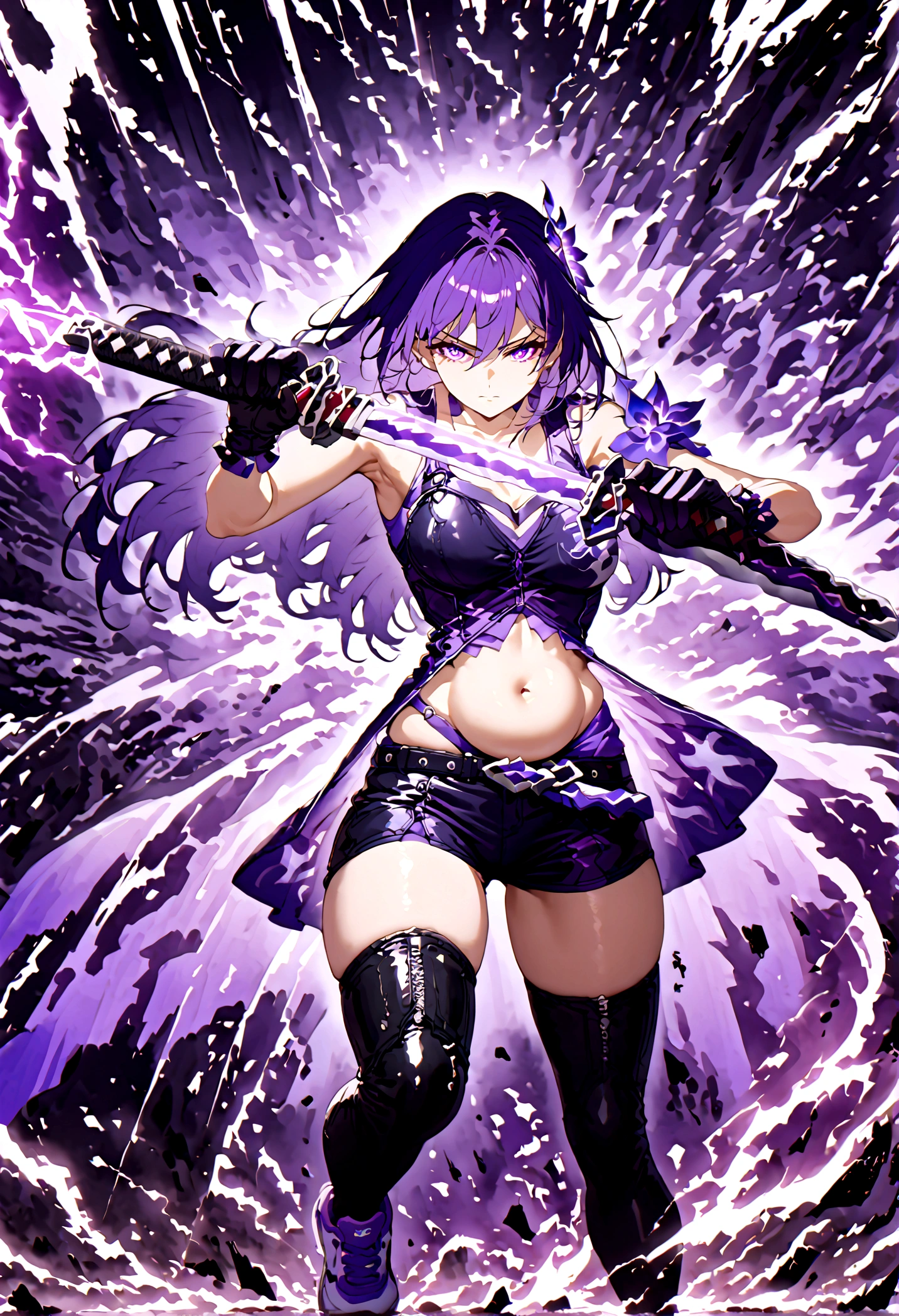 Anime girl with very long dark purple hair and a flower hair accessory wearing black short jeans with latex socks and a sport shoes wearing a cut shirt with no sleeves and half cut from below showing her belly with a black vest with short latex gloves purple glowing eyes holding katana in her hands her elemental power is purple thunder 