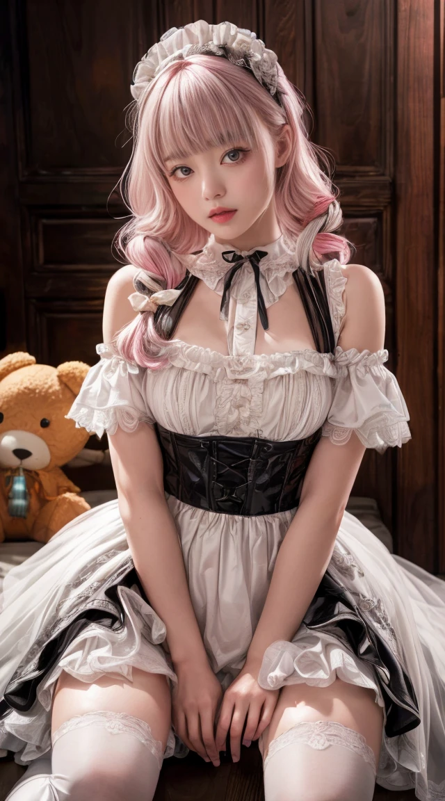 Mature Woman、Pink Hair、Light grey hair、((Two-tone hair))、Age 25、20s White Lolita dress with delicate pink embellishments、Slender women、big 、big 、Cute Woman、 8K Ultra HD,Detailed face、Delicate texture, Long Hair、(((Blunt bangs)))、(((Drill Hair)))、Tutu skirt、Thigh-length lace tights、short boots、((Ethnic Lolita))、mini skirt、A room in a Western-style building、((Delicate photo))，(Girl Astepeace RAW Photo Details:1.25), (Highest quality:1.6), (Ultra-high resolution:1.5), (Realistic:1.75), 8K resolution, Canon EOS R5, 50mm, Absurd, Very detailed,Cinema Lighting、((stuffed toy:1.25))、(Browsing Caution:1.45)、(Spread your legs)、bow、Border pattern panties