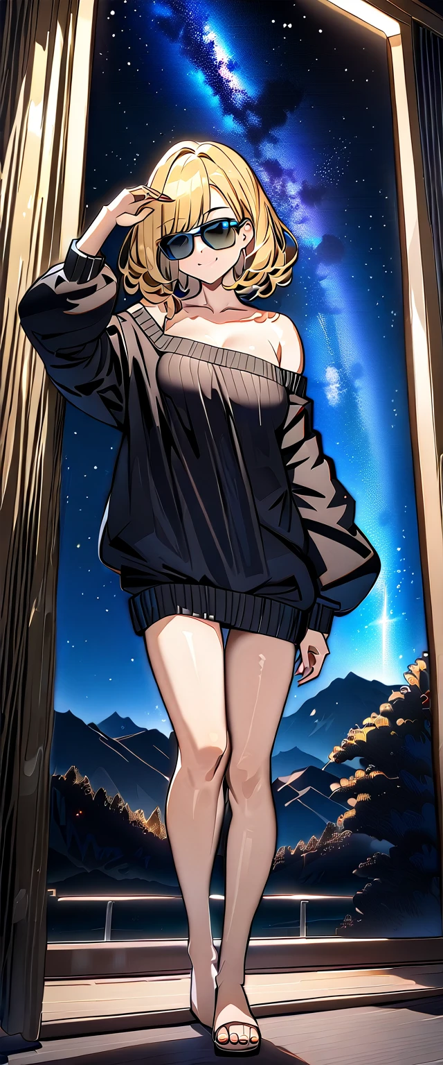 ((out door)), bare legs, A quiet mountain landscape with a starry sky stretching out, the Milky Way shining beautifully in the night, (()), (((sunglasses, hand to sunglasses))), ((())), ((wavy hair, inward curled hair)), ((night)), ((blond hair, bob cut:1.3)), breasts, teenager, (looking at viewer), oversized clothes, puffy long sleeves, ((off-shoulder sweater:1.3, Quite thick shoulder straps)), ((black sweater)), collarbone, head tilt:1.3, (((blue eyes))), ((happy smile)), (((anime style))), (best quality, 4K, 8K, highres, masterpiece:1.2, ultra-detailed, ultra-detailed eyes, HDR, uhd, studio lighting, ultra-fine painting, sharp focus, physically-based rendering, extreme detail description, professional, vivid colors, bokeh)
