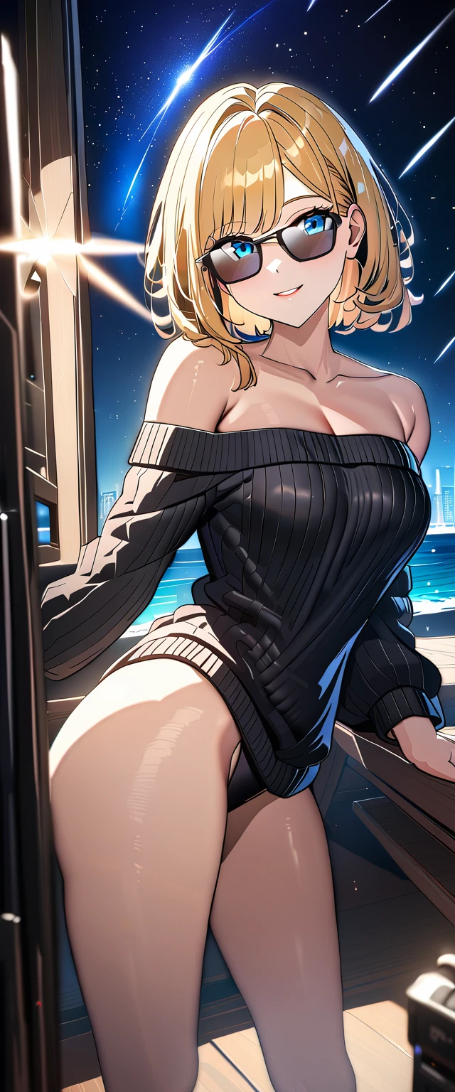 ((sea, beach)), out door, bare legs, ((A meteor shower dancing in the night sky, countless stars twinkling in the clear air)), (((sunglasses, hand to sunglasses))), ((())), ((wavy hair, inward curled hair)), ((night)), ((blond hair, bob cut:1.3)), breasts, ager, (looking at viewer), oversized clothes, puffy long sleeves, ((off-shoulder sweater:1.3, Quite thick shoulder straps)), ((black sweater)), collarbone, head tilt:1.3, (((blue eyes))), ((happy smile)), (((anime style))), (best quality, 4K, 8K, highres, masterpiece:1.2, ultra-detailed, ultra-detailed eyes, HDR, uhd, studio lighting, ultra-fine painting, sharp focus, physically-based rendering, extreme detail description, professional, vivid colors, bokeh)