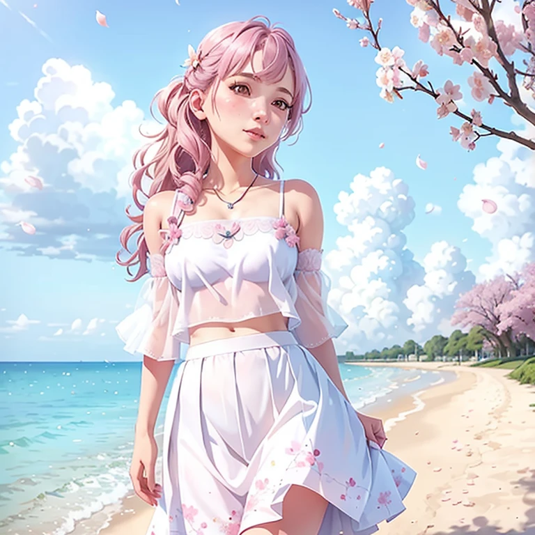 art by Cornflowers, Dreamers, cherry_flowerses, falling_petals, petals, filial, Pink_flowers, 1 girl,20 aphis de idade, cerulean_sky, spring time_(seasabout), petals_about_liquid, flowers, hanami, don, (Laboutg blaboutd curly hair：1.5),Wearing a wrephih,sky, plein-air, nube, bangss, ssmile, Pink_eyeballs, White skirt with cherry blossom embellishments, just_shoulders, aretes, containment_flowers, Tuuli, Tree, gazing_phi_viewer,cowboy shot,