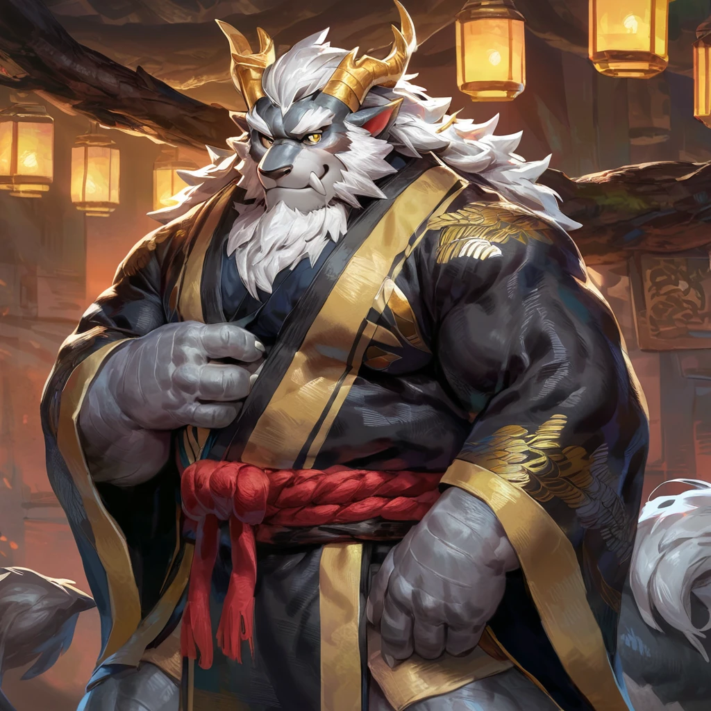 (artist: jacketbear, lindong, null-ghost, dangpa) 1male, sfw, eastern dragon, , bara, (indoors),lamp lighting, one fluffy tail, old man, fluffy mane, , grey body, white hair, detailed background, dark shadows, solo, scales, detailed scales, golden decals, open black and gold kimono, branch horns, sharp short ears, yellow iris, white sclera, big eyes, white beard, white mustache, sharp iris, thick thighs, muscular legs, veiny, fluffy hair, detailed face:2.0, one tail, masterpiece:2.0, sharp fang, perfect eyes, smug, chest fluff