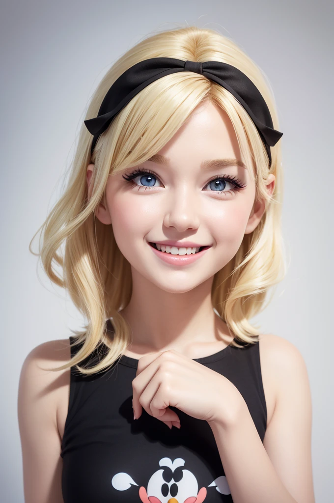 Create Disney Pixar style image, cute, charachter , hair blonde, black eyes, medium hair, holding printer, wearing dress, face with joy, White background, 3d rendering.