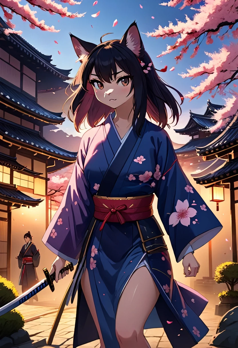cinematic, highly detailed, 8k, samurai girl, furry, intense facial expressions, vibrant kimono, dramatic duel, Japanese historical drama, climactic scene, twilight in castle town, sword flash, cherry blossom petals in the air, dramatic lighting, golden hour,