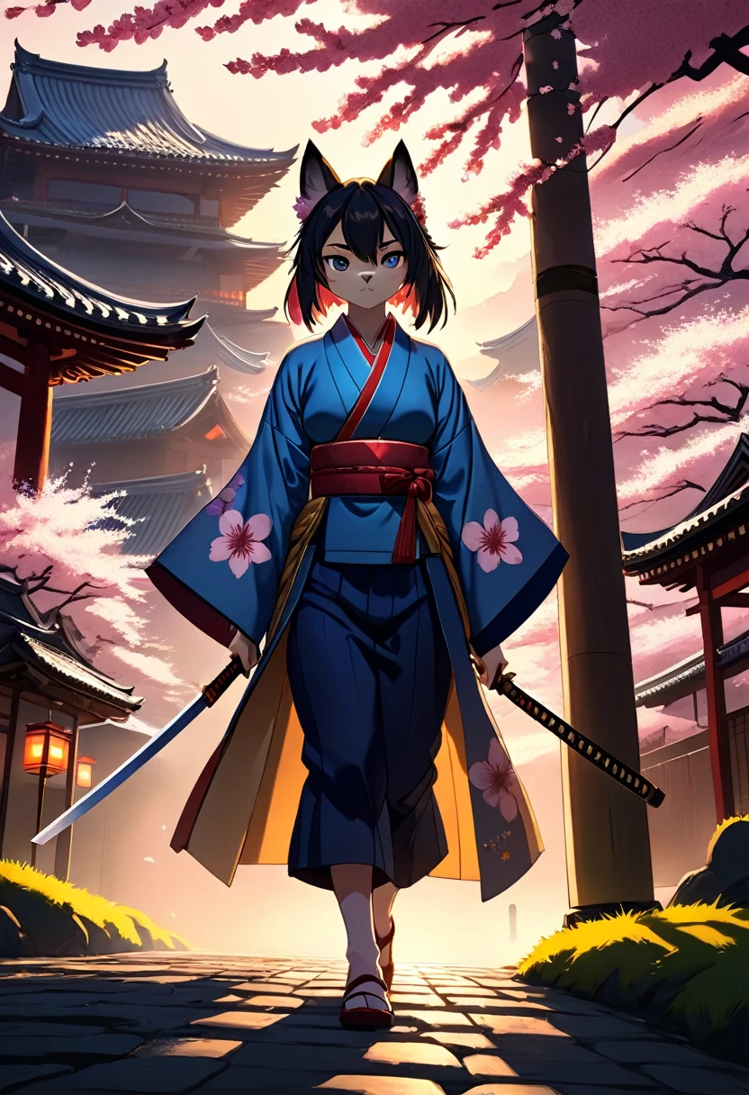 cinematic, highly detailed, 8k, samurai girl, furry, intense facial expressions, vibrant kimono, dramatic duel, Japanese historical drama, climactic scene, twilight in castle town, sword flash, cherry blossom petals in the air, dramatic lighting, golden hour,