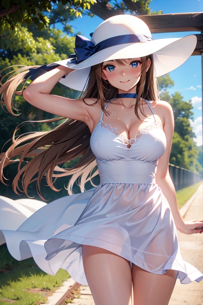 satin, silk, (blue panty), (High quality, High resolution, Fine details), setting sun, Backlight, A straight stretch of railroad track, White Dress, White Hat, solo, curvy women, light brown hair, sparkling eyes, (Detailed eyes:1.2), smile, blush, Sweat, Oily skin, shallow depth of field, Fantastic