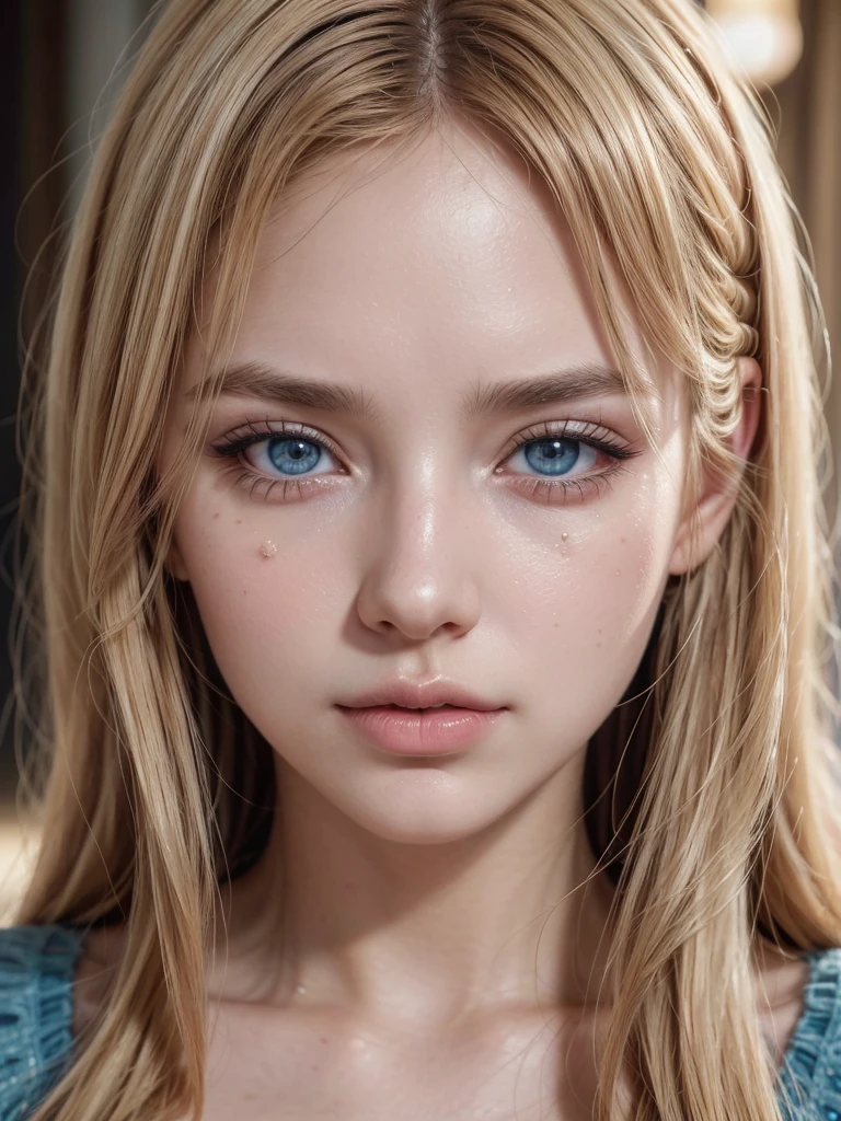 Chica rubia de ojos azules, beautiful detailed eyes, beautiful detailed lips, extremely detailed eyes and face, long eyelashes, 1girl, fantasy, dreamlike, ethereal, soft lighting, warm colors, cinematic, photorealistic, high quality, 4k, 8k, extremely detailed, masterpiece, vibrant colors, natural lighting, detailed skin texture