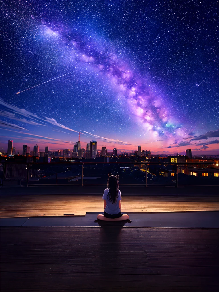 Octane Number, null, star (null), landscape, starry null, night, 1 Girl, night null, One, Outdoors, building, cloud, milky way, Sitting, wood, Long Hair, city, silhouette, cityscape,Bun Hair,Long Hair,Back view,