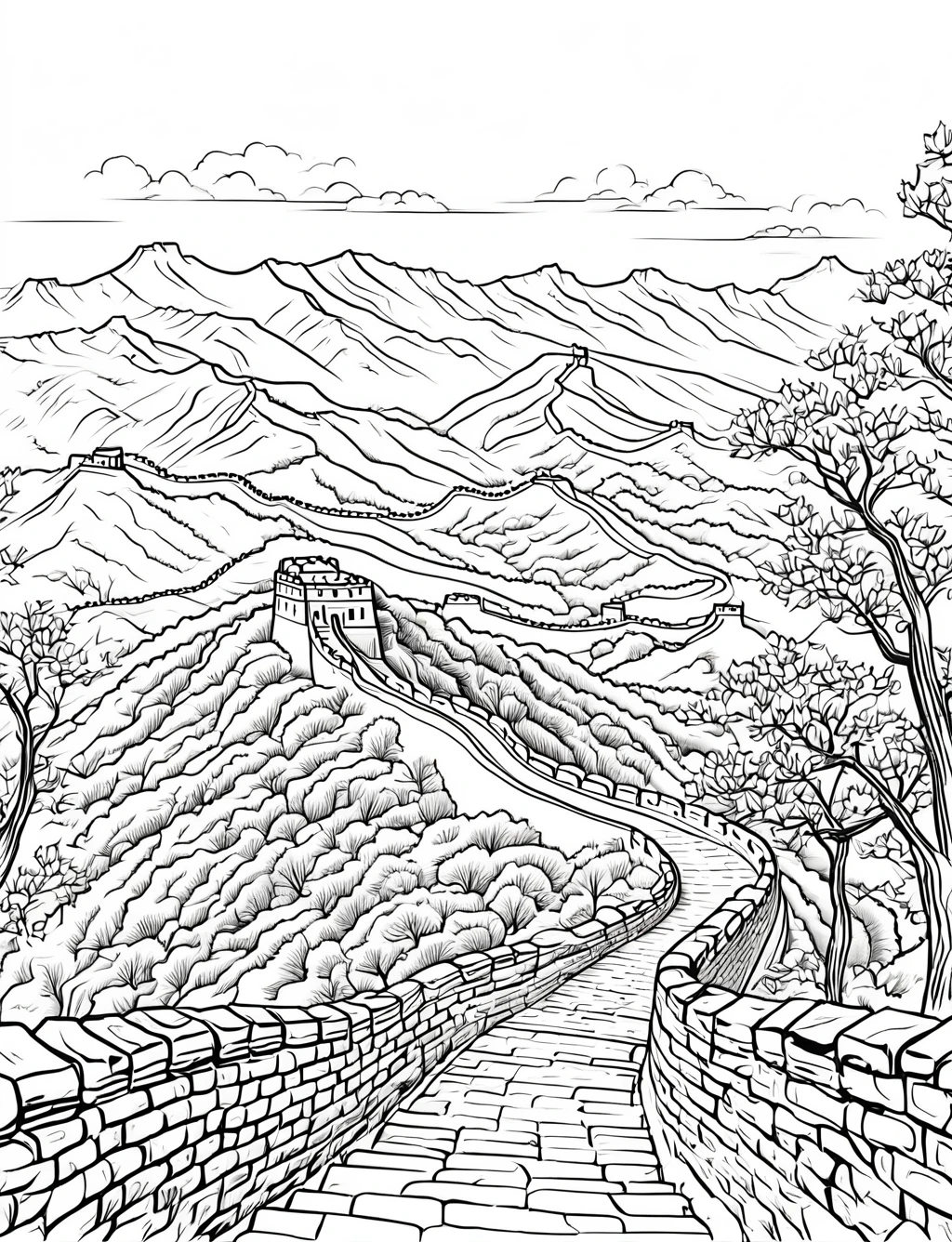 ((A winding section of the Great Wall stretching across hilly terrain with some trees scattered around.), (black and white), (masterpiece), (coloring page), line art drawing, graphic, (simple line art), vector graphics, Clear and Distinct Lines, Varied Line Weights, Smooth curves, Bold outlines, Crisp shapes