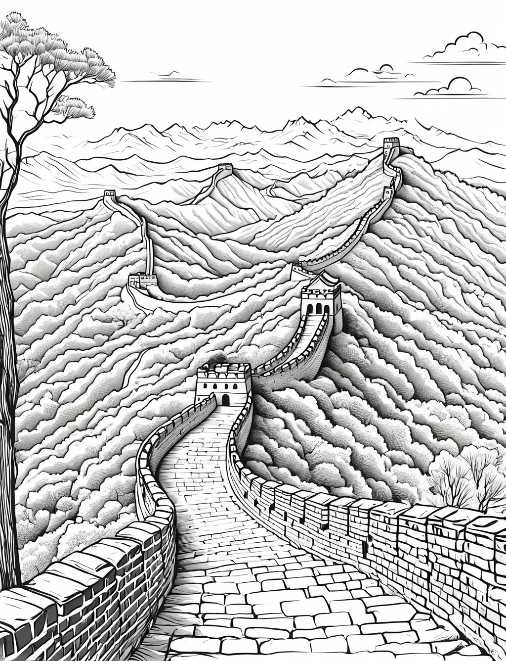 ((A winding section of the Great Wall stretching across hilly terrain with some trees scattered around.), (black and white), (masterpiece), (coloring page), line art drawing, graphic, (simple line art), vector graphics, Clear and Distinct Lines, Varied Line Weights, Smooth curves, Bold outlines, Crisp shapes