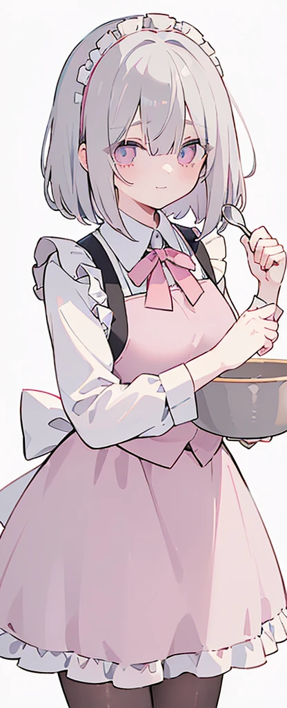 (((Long gray Beautiful Hair))),gray hair,kawai,(((Eyes visible from bangs,hair over eyes:1.3))),,Huge breasts,(pink color eyes),,(pink slanted eyes),1girl in,bangs,long gray hair, pantyhose,Cowboy Shot,white background,short hair,smiled,(wearing pink maid clothes), (maid dress type must have a perfect pinky vest), Bangs should be long to the tip of the chin(((, focusing on the bowl containing the dough and holding a spoon to stir it))), Kitchen room background, Perfect arm fingers,,, 1 girl, ((The image must match the tag)) Bangs almost cover the eyes full body (The character's entire body from top to bottom is completely visible)