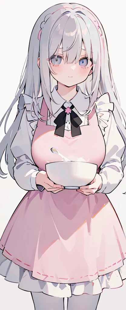 (((Long gray Beautiful Hair))),gray hair,kawai,(((Eyes visible from bangs,hair over eyes:1.3))),,Huge breasts,(pink color eyes),,(pink slanted eyes),1girl in,bangs,long gray hair, pantyhose,Cowboy Shot,white background,short hair,smiled,(wearing pink maid clothes), (maid dress type must have a perfect pinky vest), Bangs should be long to the tip of the chin(((, focusing on the bowl containing the dough and holding a spoon to stir it))), Kitchen room background, Perfect arm fingers,,, 1 girl, ((The image must match the tag)) Bangs almost cover the eyes full body (The character's entire body from top to bottom is completely visible)