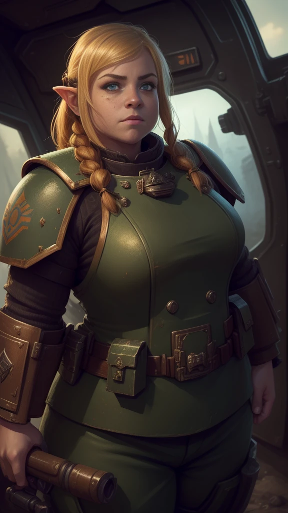 (high-angle shot), warhammer 40k imperial guardsman, ((female dwarf)). blonde hair, bare hand, hobbit, hafling, pants, (green bulletproof vest), ((large nose)), large expressive eyes, ((in a rusty spaceship)), chubby face, black paint under eyes, dirty, holding food