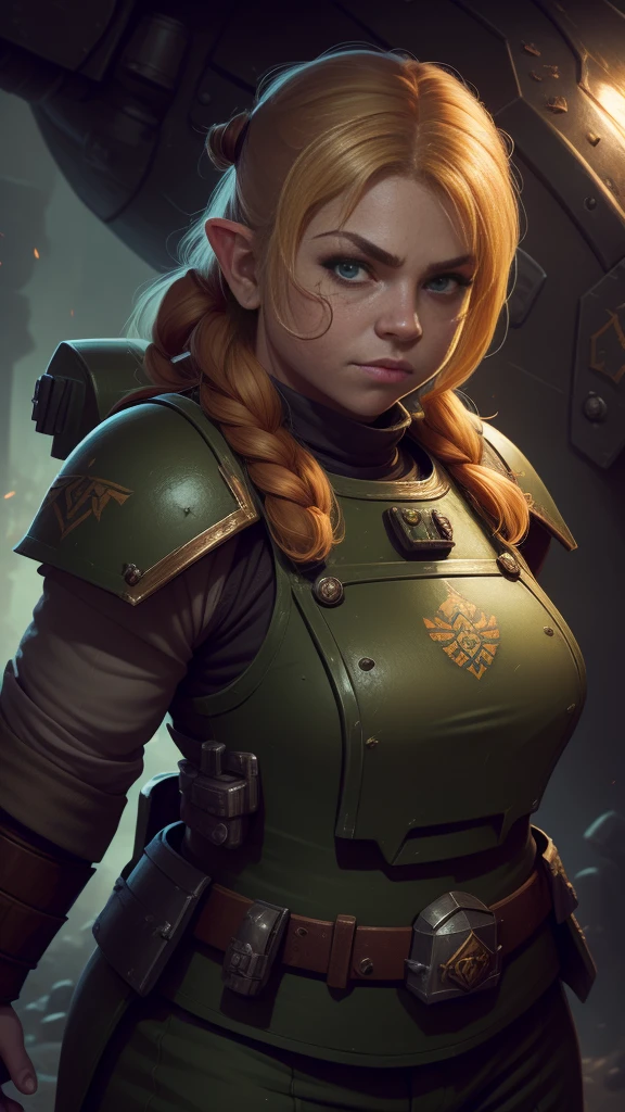 (high-angle shot), warhammer 40k imperial guardsman, ((female dwarf)). blonde hair, bare hand, hobbit, hafling, pants, (green bulletproof vest), ((large nose)), large expressive eyes, ((in a rusty spaceship)), chubby face, black paint under eyes, dirty, holding food