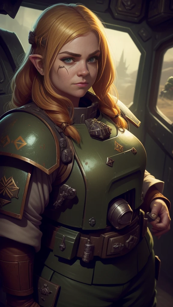 (high-angle shot), warhammer 40k imperial guardsman, ((female dwarf)). blonde hair, bare hand, hobbit, hafling, pants, (green bulletproof vest), ((large nose)), large expressive eyes, ((in a rusty spaceship)), chubby face, black paint under eyes, dirty, holding food