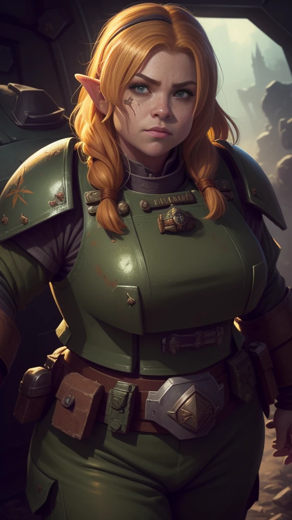 (high-angle shot), warhammer 40k imperial guardsman, ((female dwarf)). blonde hair, bare hand, hobbit, hafling, pants, (green bulletproof vest), ((large nose)), large expressive eyes, ((in a rusty spaceship)), chubby face, black paint under eyes, dirty, holding food