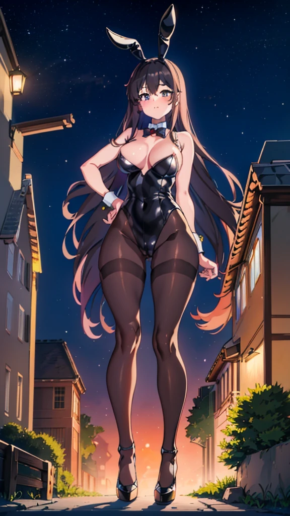 masterpiece　Night view　Late Night　Starry Sky　moon　Unreal Engine　Anime Style　Delicate painting　4K　90's　giant　Multiple Girls　crowd　 　City　　ビルの谷間に立っているBunny girl　Bunny girl　((Black Costume))　Black Bunny Suit　High heels　tights　Black Stockings　Bunny ears　　Black Hair　Hands on hips　smile　female giant giant girl Whole body 　 Destroyed skyscrapers Destroyed cars Crowd Unreal Engine,cleavage ,a drawing of a , earrings, long hair, 1980s (style) Cute picture　Beauty　Analog style　whole body　