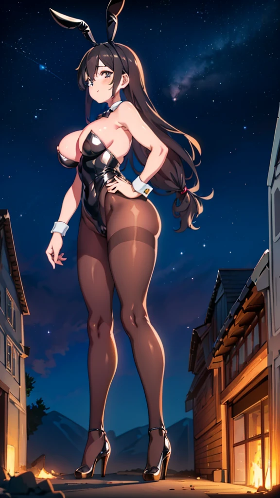 masterpiece Night view Late Night Starry Sky moon Unreal Engine Anime Style Delicate painting 4K 90's giant Multiple Girls crowd City ビルの谷間に立っているBunny girl Bunny girl ((Black Costume)) Black Bunny Suit High heels tights Black Stockings Bunny ears Black Hair Hands on hips smile female giant giant girl Whole body Destroyed skyscrapers Destroyed cars Crowd Unreal Engine,cleavage ,a drawing of a , earrings, long hair, 1980s (style) Cute picture Beauty Analog style whole body