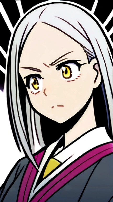 Animated girl in boku no hiro three months pregnant, with long silver hair and bangs, Yellow eyes.