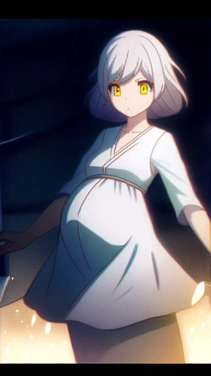 Animated girl in boku no hiro three months pregnant, with long silver hair and bangs, Yellow eyes.