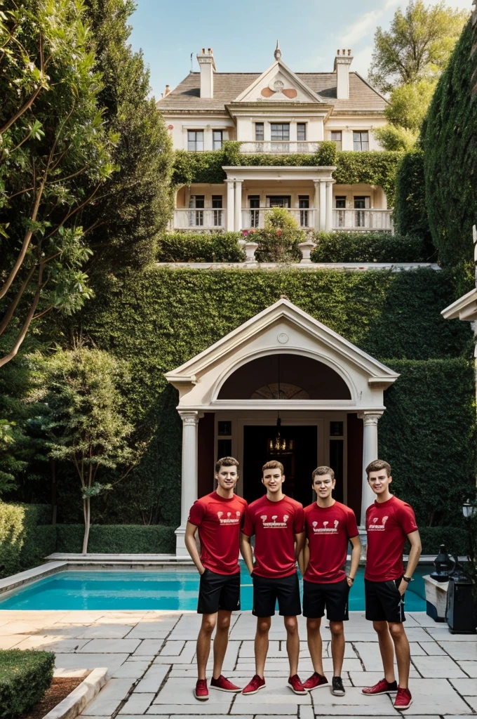 Four boys with red shirts, three and one with a black shirt on the terrace of a mansion, a barbecue and a pool behind them