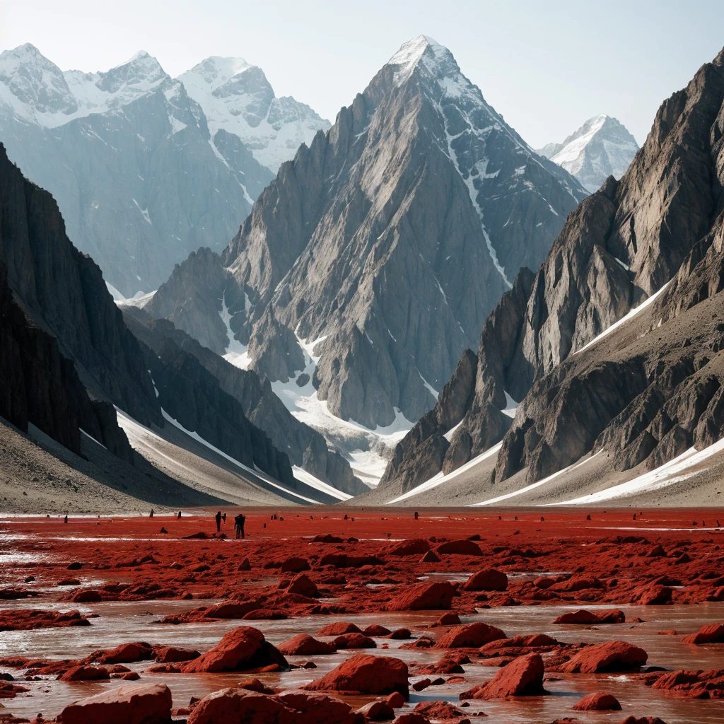 Make me a giant mountain formed by two mountains full of blood and people drowning in a lake of blood that floods the mountain, human skeletons and people without any type of skin around them while there are others shooting and killing people as if it were a war, There is also Satan and there are prostitutes being raped, There are also human parts throughout the work.