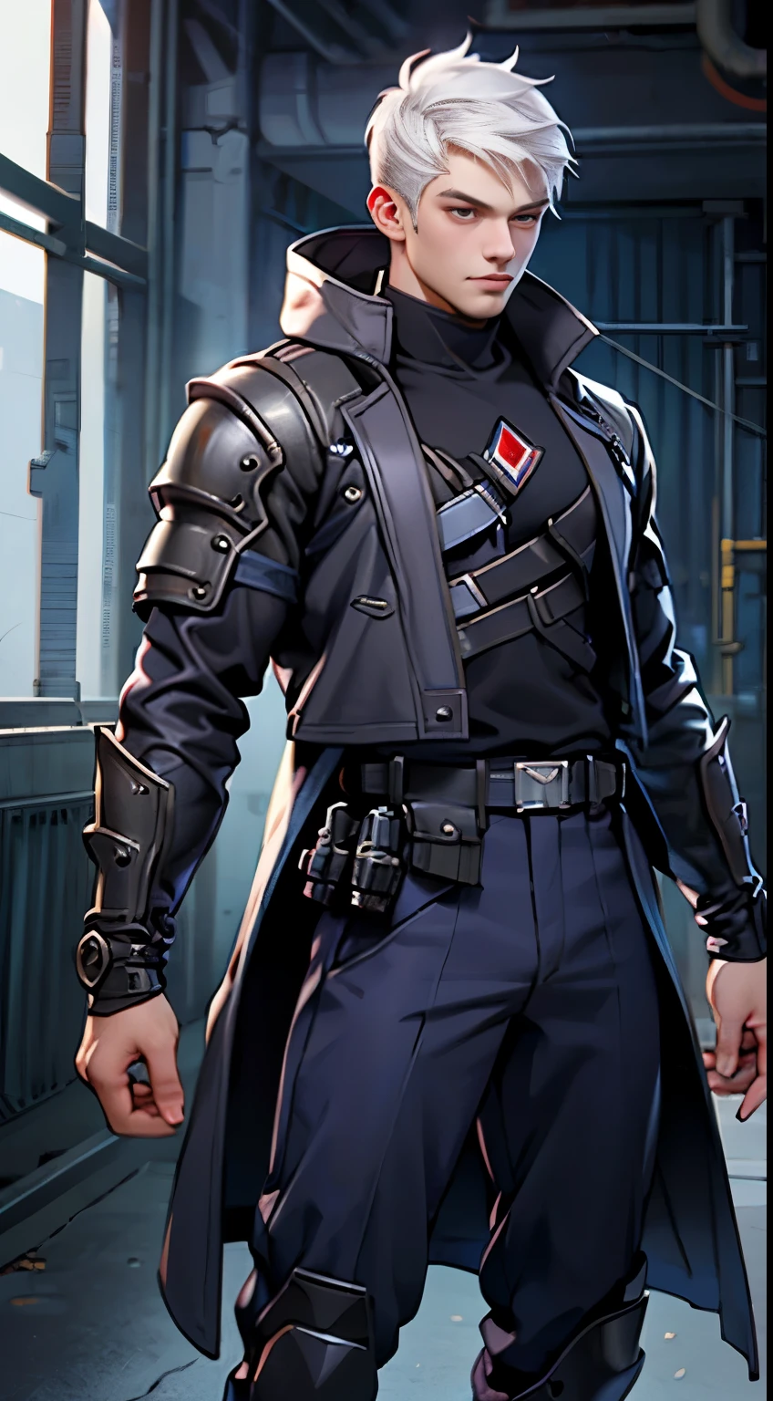 11:23(((Best quality at best: 1.4))),(Unbeatable masterpiece), (hyper HD),(Hyper-realistic 8k CG)、（Light white hair），（brush cut）， ((( body))), (((1 young person))),35-year-old American soldier with perfect body,,delicated face,muscular body:1.2,Solid royal gray jacket with details, (Pictures from head to thighs)， Complex equipment, Dark purple coat，long trousers，The clothes inside are dark，Clothes with metal technical parts,Tech Armor )