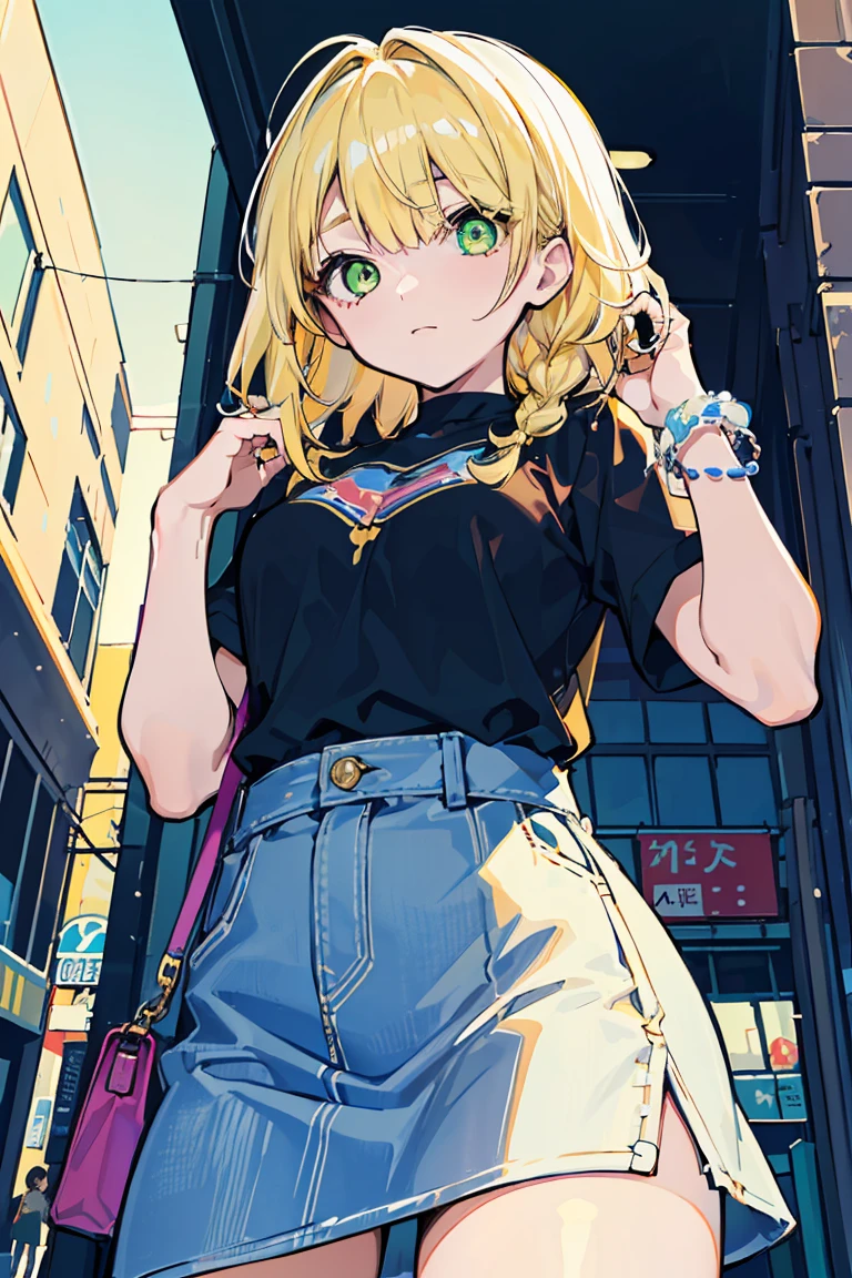 (1 Girl), (((One eye is hidden by hair))),Squat, Lots of silver accessories, big 1.3 ,skirt, Cool Fashion , ((Angle from below)), Cowboy Shot, Punk Fashion,(super high quality), masterpiece, cute, Casual Scene, Relaxed atmosphere, She is wearing fashionable clothes, beautiful表情 , Warm sunshine, Street atmosphere, urban environment. Perfect body,Fresh, (Asymmetrical bangs:1.3), Braided hair, Highly detailed face and eyes, (blonde, Gradient light green eyes:1.2),(Shining highlight eye), Digital Art, beautiful, Cinema Lighting, Yusuke Murata.tonality, Romanticism, modern art, Impressionism, reflected light, 8K, masterpiece, Advanced Details, Highest quality