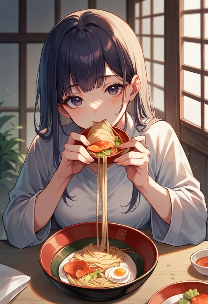 A beautiful woman eating somen noodles