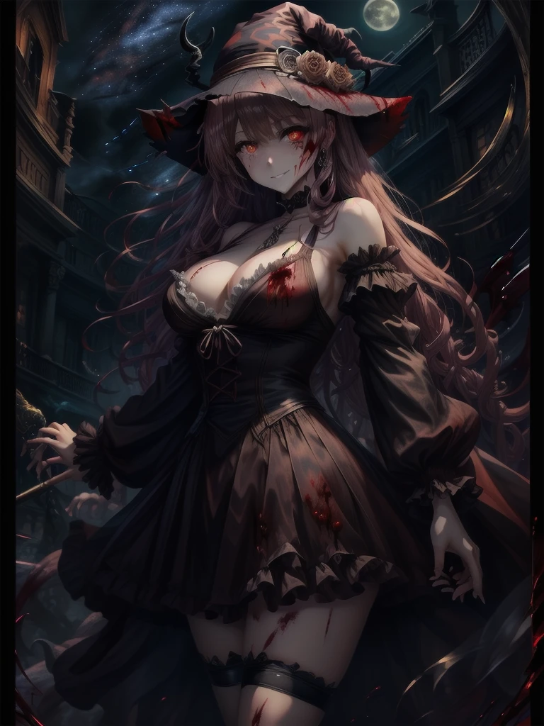 死んだ腐ったBloodに飢えた邪悪なzombie, Girl Venom, 黒い共bornborn物が付着している, Bloodまみれの, Evil look, Psychopathic, Torn clothes, Torn costume, sexy, reveal, Combat Stance, Very detailed, Vibrant appearance, Creative Action, Very detailed, Imaginative, Sensual, Voluntary, Small breasts, sexy, reveal, Highest quality, skinの質感, Intricate details, (Highest quality, masterpiece, 超High resolution), (8k wallpaper, High resolution, High resolution, born), (credibility: 1.4), (whole bodyショット), One girl, ((Anime Girls)),,(Bloodしぶき:1.6), ((Fantasy Witch Costume)), ((Flowing white hair)), ,(Bloodしぶき:1.6),Female curves, Large Breasts, Thick thighs, sexyな平らなお腹, 完璧なhand, 完璧なアニメのface, ((dark ta dress)), Are standing, ((Wicked Smile)), ,(Bloodしぶき:1.6),In the Victorian city, gaslight, Steam circulates, Moonlight Illumination, night間照明, A sky filled with stars and galaxies,disaster々new devil horns,,(Bloodしぶき:1.6),アニメzombie魔女デザイン, ねじれた笑face、Bloodまみれの、頭からの出Blood、Bloodしぶき、,(Bloodしぶき:1.6),Crossbones, skull, Streetwear Design, Provector, Horror Style, Full Design, Huge breasts, Very detailed, Realistic, Dark fantasy, Gloomy atmosphere, Intricate details, Crazy Smile, 狂ったeye, A cute and luxurious hair band,(masterpiece:1.2, Highest quality), Scary atmosphere、Distorted facial expressions、Horror Art、Bloodの雨、Bloodを流す、Bloodしぶき,(Bloodしぶき:1.6),悪魔のeye、redいeye、scar、火scar、whole body、Torn hair of a woman dressed in slave clothing、（Long Hair）、（eyeにかかる長さの前髪）、Black Hair、（（（eyeの下のクマ）））、青白いskin、Feeling unwell、Pathological、邪悪な笑face、狂ったeye、（Grin）Dramatic makeup，Create mixed media art、,Horror 1 Girl, Open_mouth, , red_eye, Blood, Tilt_red_skin, Injury, Blood_in addition_face, Bandaged_arm, Blood_in addition_zombie, Blood_in addition_hand　, Open your eyelids wide, The trend is all, mouthを大きくOpen, mouthを開けてteethをむき出しにする,獣のような鋭いteeth, Wide lips, 非常に広いmouth, Vermilion cheeks, blonde, ,(Bloodしぶき:1.6),Princess Cut, Ribbon hair ornament, brooch, Otaku Room, Well-built body, Nice body, Ample breasts, Thick body,eyeを大きく開いて、Scary atmosphere、Distorted facial expressions、ねじれた笑face、Bloodまみれの、頭からの出Blood、Bloodしぶき、whole body、,(Bloodしぶき:1.6),Long Hair、Long bangs、Well-built,Broad shoulders,I focus,(face),Messy Hair,いeye,(光るeye),red信号,笑face,big 笑face,teeth,psycho 笑face,gesugao,Dark city background,darkness,night,(close),良いeye, 良いteeth,サディスティックな笑face,,all,光沢のあるskin,詳細なface,Beautiful body,　mouthからの白い息　Luxurious lace long gloves