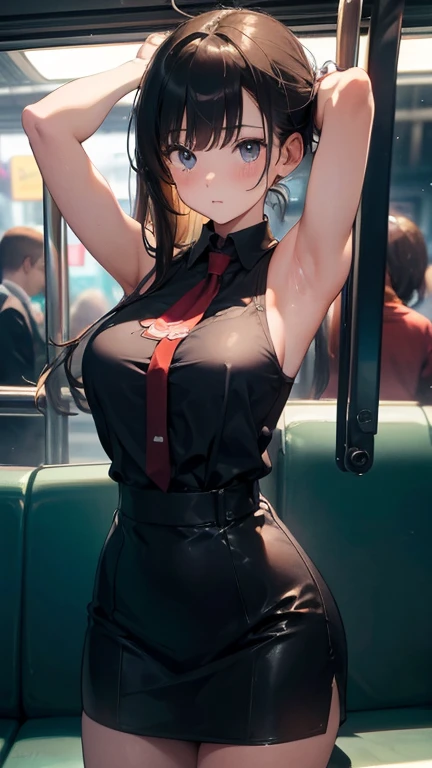 Best image quality, 8K, high quality, masterpiece:1.2), ((masterpiece)), (High detail, high quality, Best image quality), Bokeh, Written boundary depth, Portraiture, Open Stance, (Cute illustrations:1.2), On a crowded subway train、Sleeveless female office worker holding onto train suspension leather, Her armpits are completely visible, She feels her breasts being massaged by a man from behind