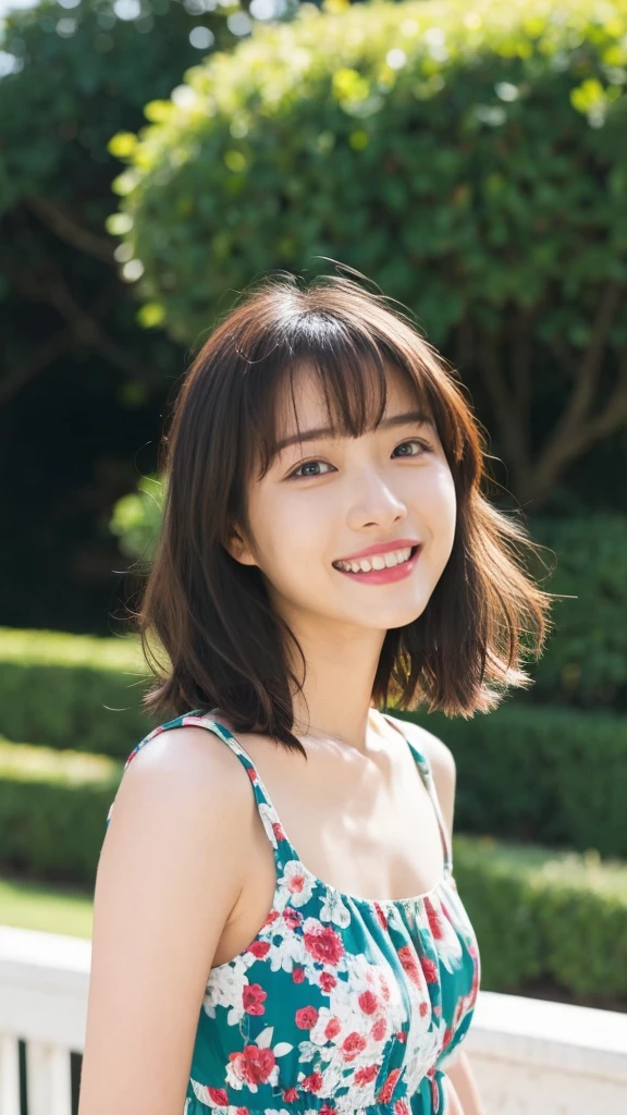 masterpiece, highest quality, disorganized, perfect anatomy, 1 girl, alone, pascal tales, short hair, beautiful, Hilarious, sunny day, botanical garden, Summer winds, sundress, Floral, wavy hair, smile