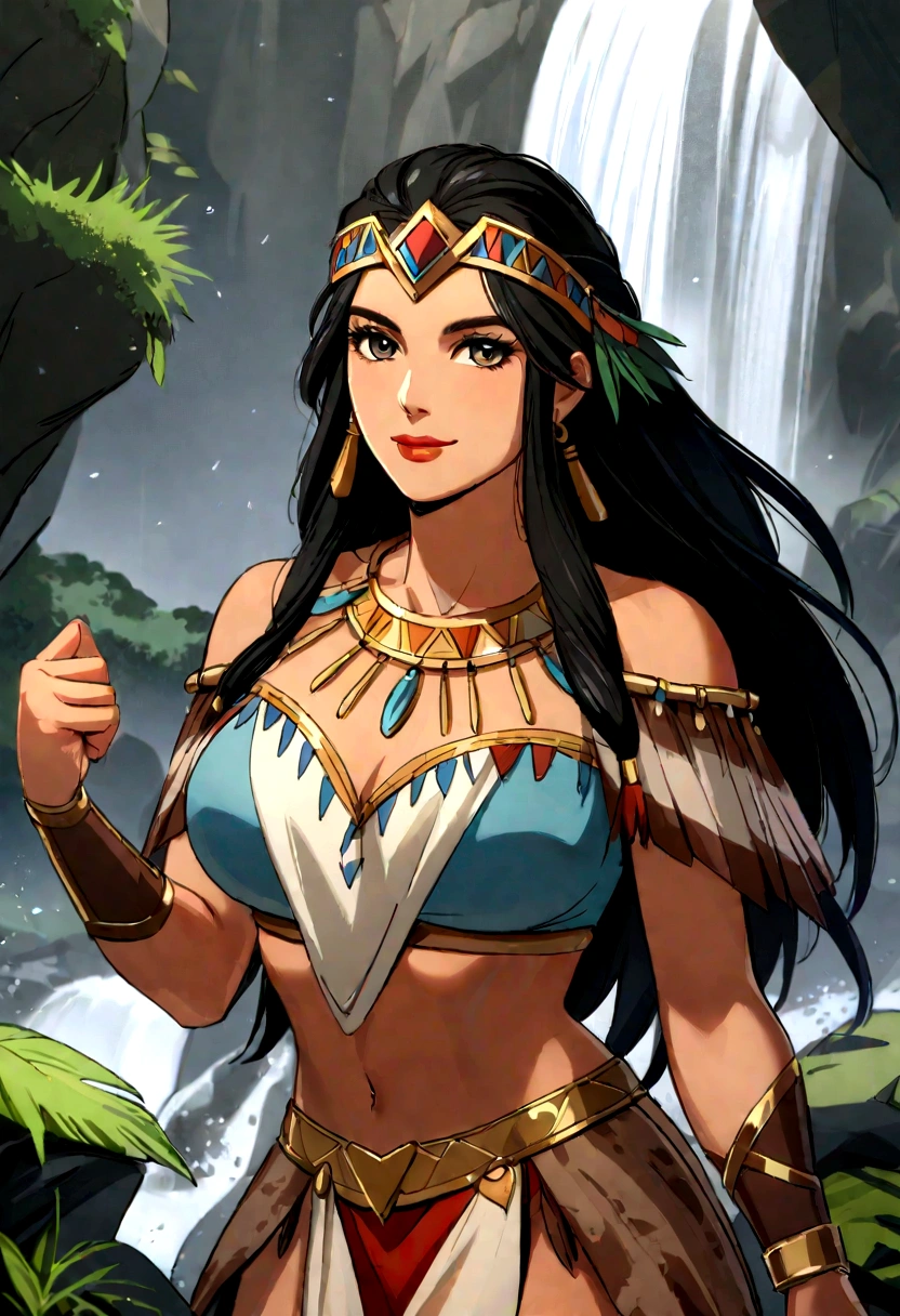 Araffe woman in native costume walking in front of a waterfall, Pocahontas, smile, retrato de un joven Pocahontas, retrato de Pocahontas, warrior dress, Warrior woman, Warrior Princess, amazon warrior, cave woman, dwayne johnson as wonder woman, Aztec warrior goddess, una hermosa Warrior woman, native american, tribal clothing, aztec princess portrait
