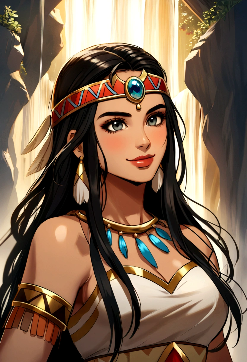 Araffe woman in native costume walking in front of a waterfall, Pocahontas, smile, retrato de un joven Pocahontas, retrato de Pocahontas, warrior dress, Warrior woman, Warrior Princess, amazon warrior, cave woman, dwayne johnson as wonder woman, Aztec warrior goddess, una hermosa Warrior woman, native american, tribal clothing, aztec princess portrait